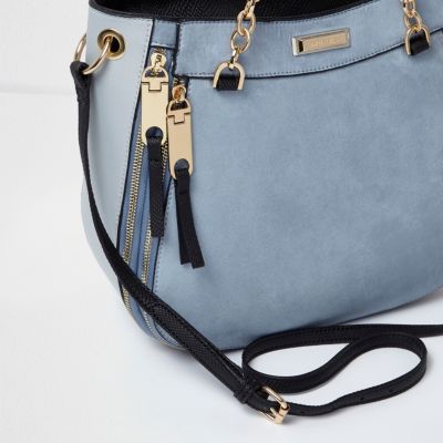 Light blue zip front scoop tote bag